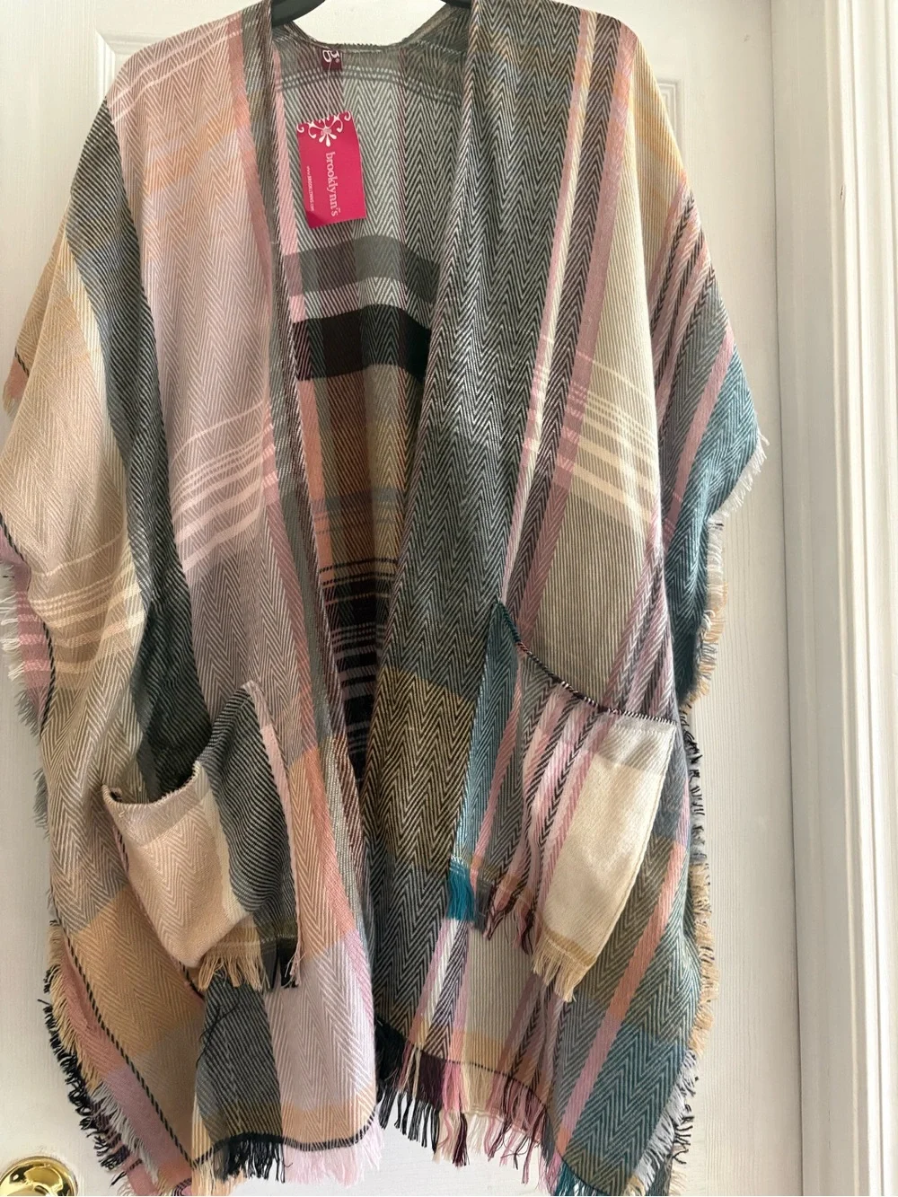 Plaid Fringe Open Front Kimono - Multi Pastel